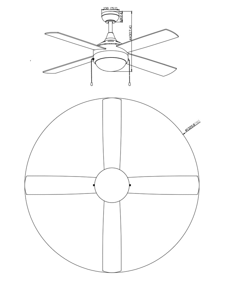 Quattro 52" 4-Blade Fan w Pull Chain dimensions diagram