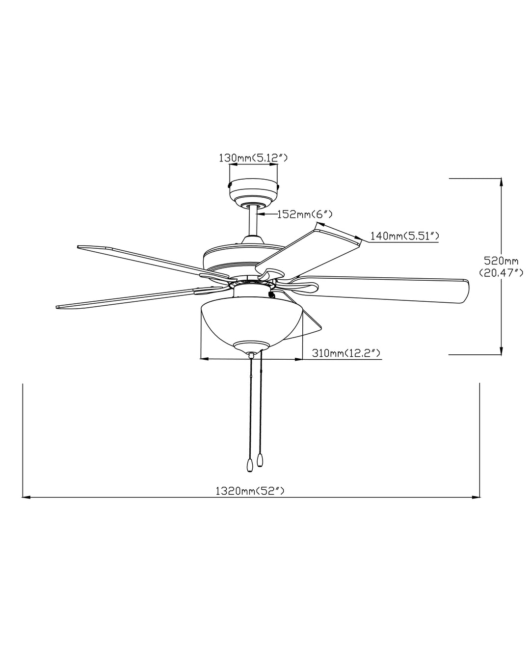 Super-Max 52" Ceiling Fan with 2-Light Kit dimensions diagram