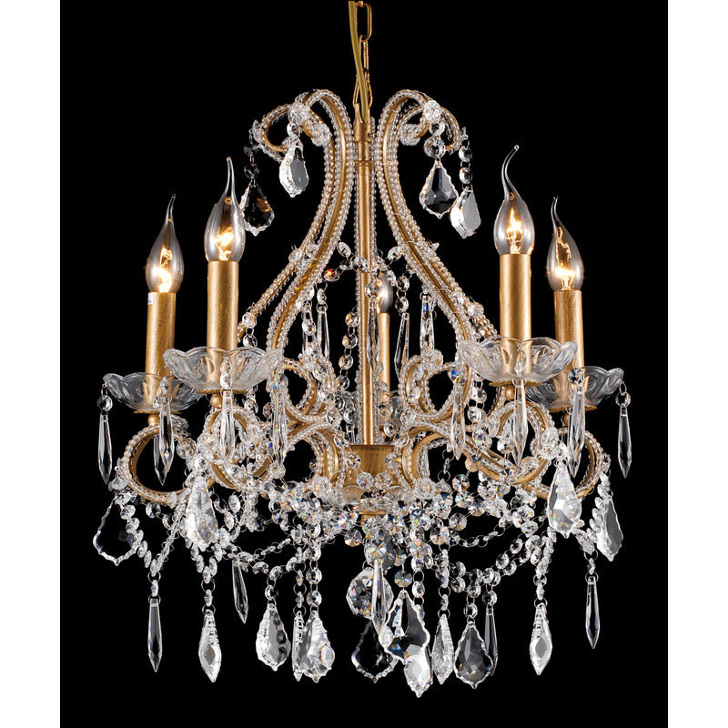 Gold Metal Frame Chandelier with Clear Crystal Beading and Hanging Crystals by Bethel