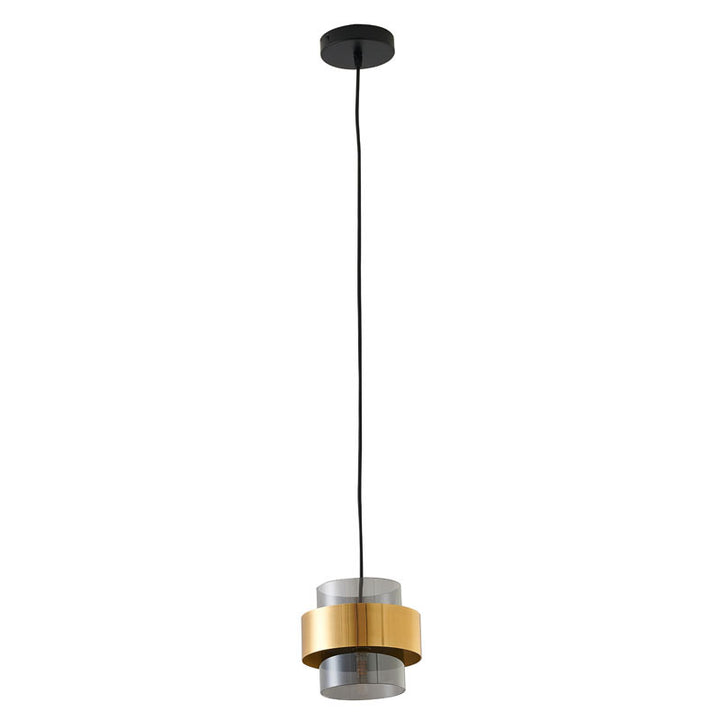Gold Plated Single Pendant Light with Ash Grey Glass Shade &amp; Black