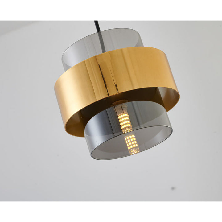 Gold Plated Single Pendant Light with Ash Grey Glass Shade &amp; Black