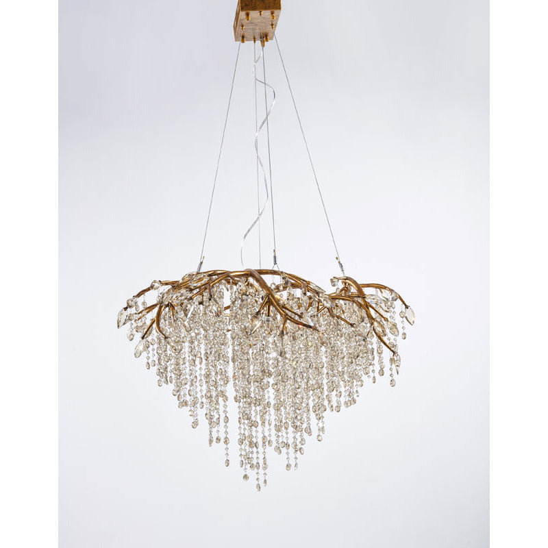Branch Chandelier with Champagne Beaded Crystal Strands and Crystal Branches in Gold by Bethel