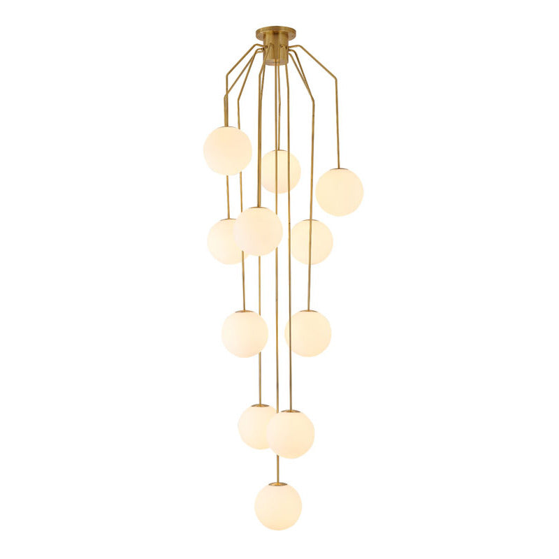 Antique Brass Metal Frame Chandelier with White Glass Globe Shades by Bethel