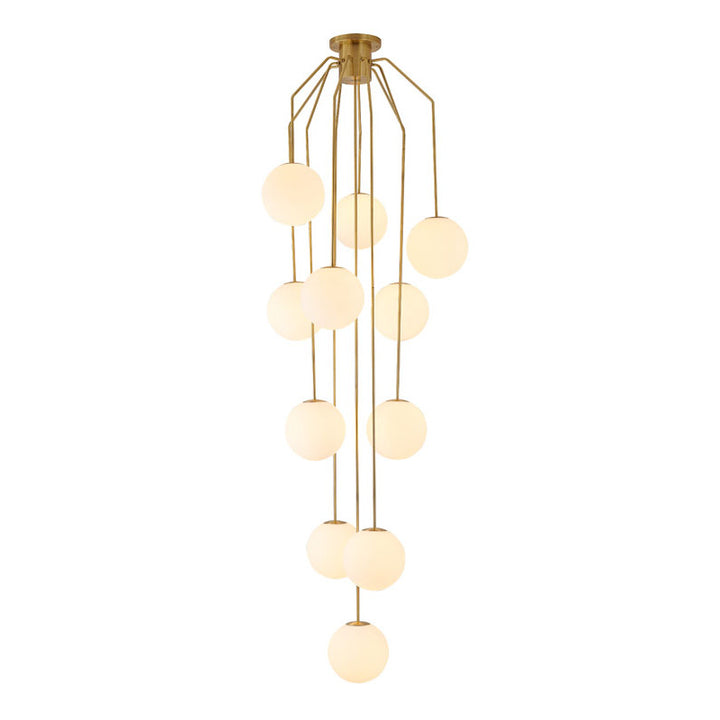 Antique Brass Metal Frame Chandelier with White Glass Globe Shades by Bethel