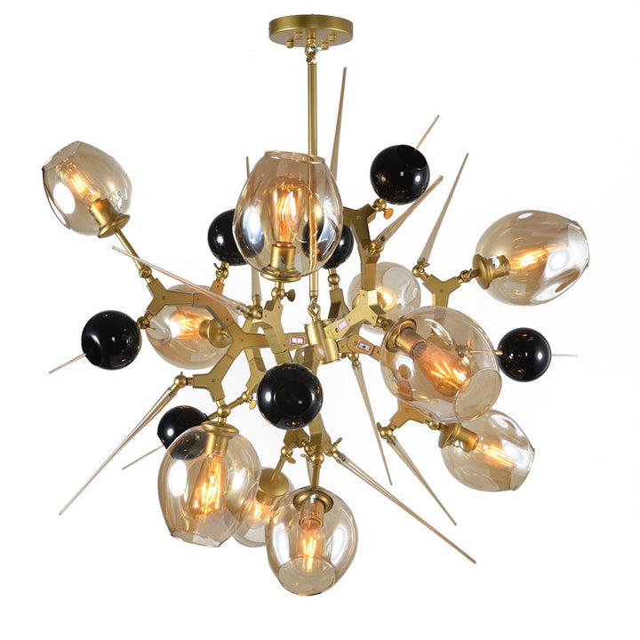 Gold Aluminum Frame Light Fixture with Amber Glass Shades and Spikes with