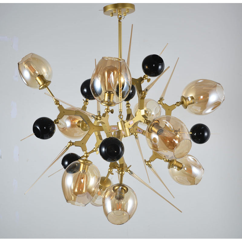 Gold Aluminum Frame Light Fixture with Amber Glass Shades and Spikes with