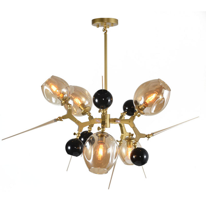 Gold Aluminum Frame Light Fixture with Amber Glass Shades, Black Glass Globes, by Bethel
