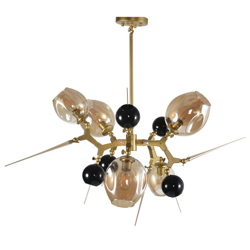 Gold Aluminum Frame Light Fixture with Amber Glass Shades, Black Glass Globes, by Bethel - view 2