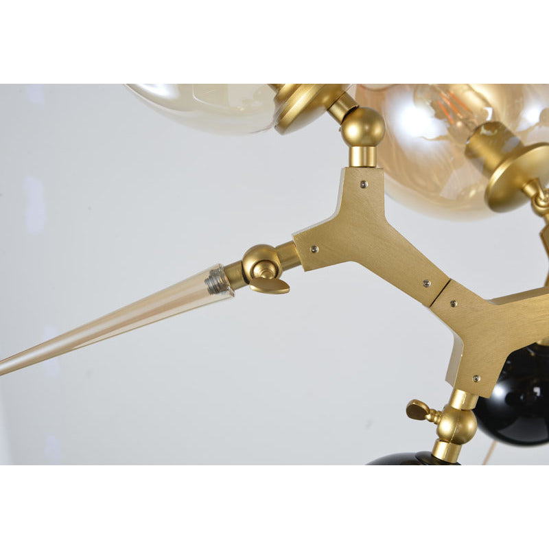 Gold Aluminum Frame Light Fixture with Amber Glass Shades, Black Glass Globes, by Bethel - view 3
