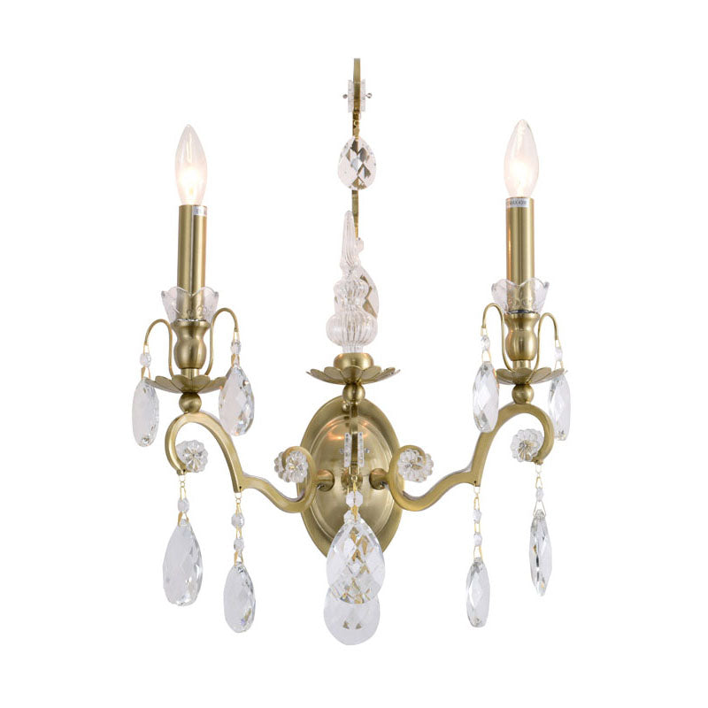 Two Light Wall Sconce with Clear Hanging Crystals in Brass by Bethel