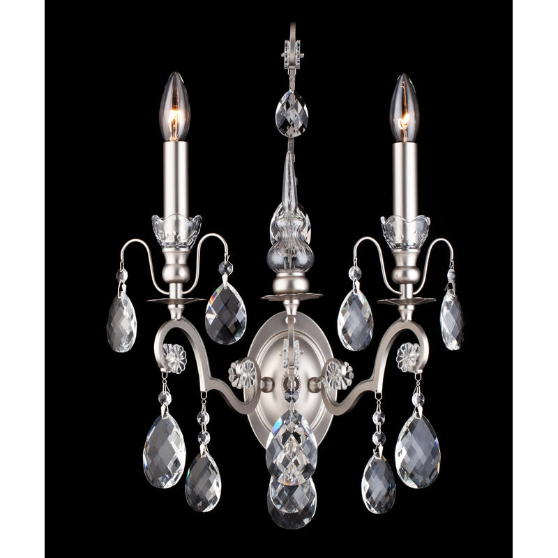 Two Light Wall Sconce with Clear Hanging Crystals in Pewter by Bethel