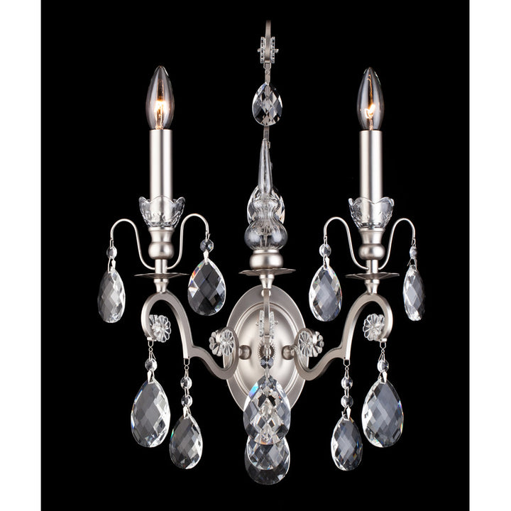 Two Light Wall Sconce with Clear Hanging Crystals in Pewter by Bethel