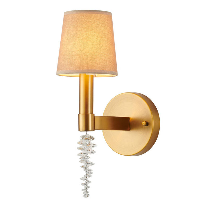 Brass Iron Frame Wall Sconce with Beige Shade and Clear Hanging Crystal by Bethel