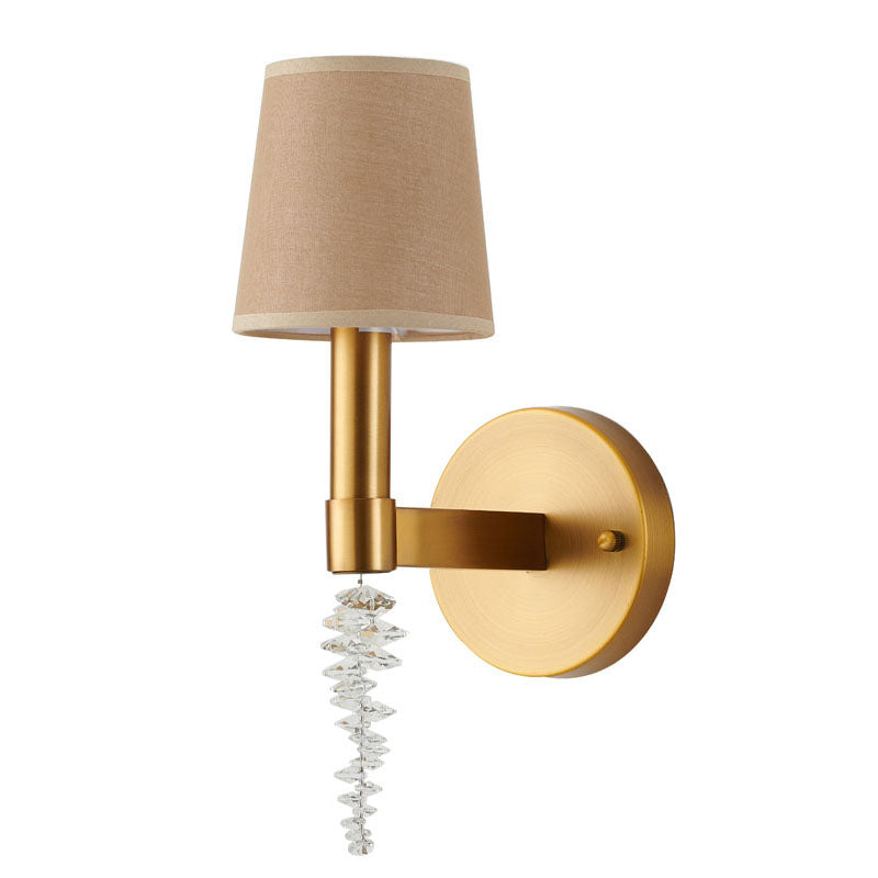 Brass Iron Frame Wall Sconce with Beige Shade and Clear Hanging Crystal by Bethel - view 2