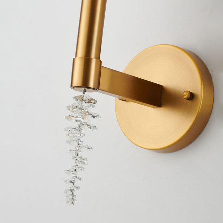 Brass Iron Frame Wall Sconce with Beige Shade and Clear Hanging Crystal by Bethel - view 4