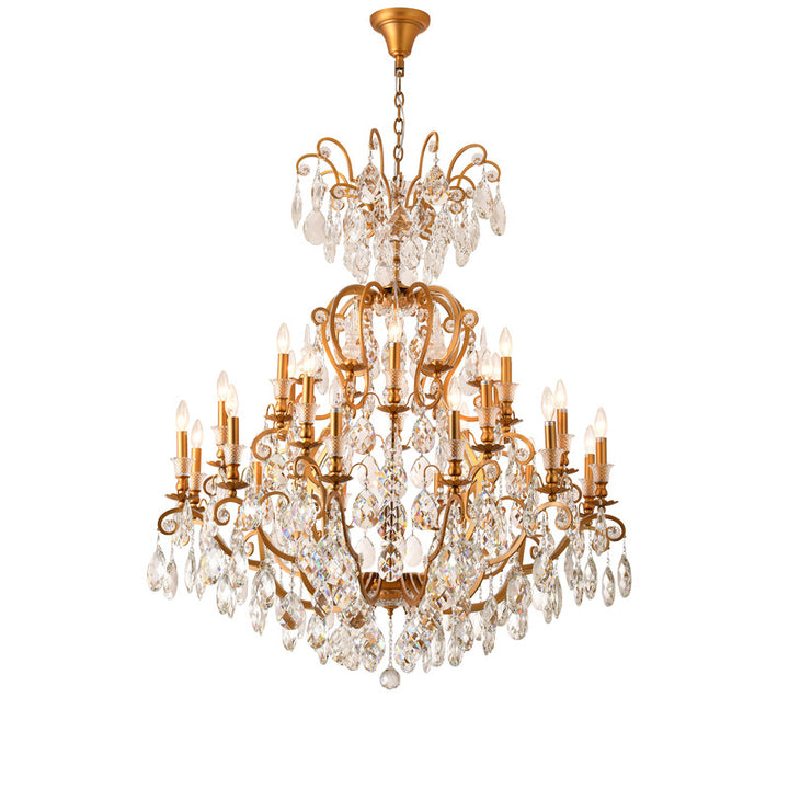 Three Tier Metal Frame Chandelier with Clear Hanging Crystals in Brass by Bethel