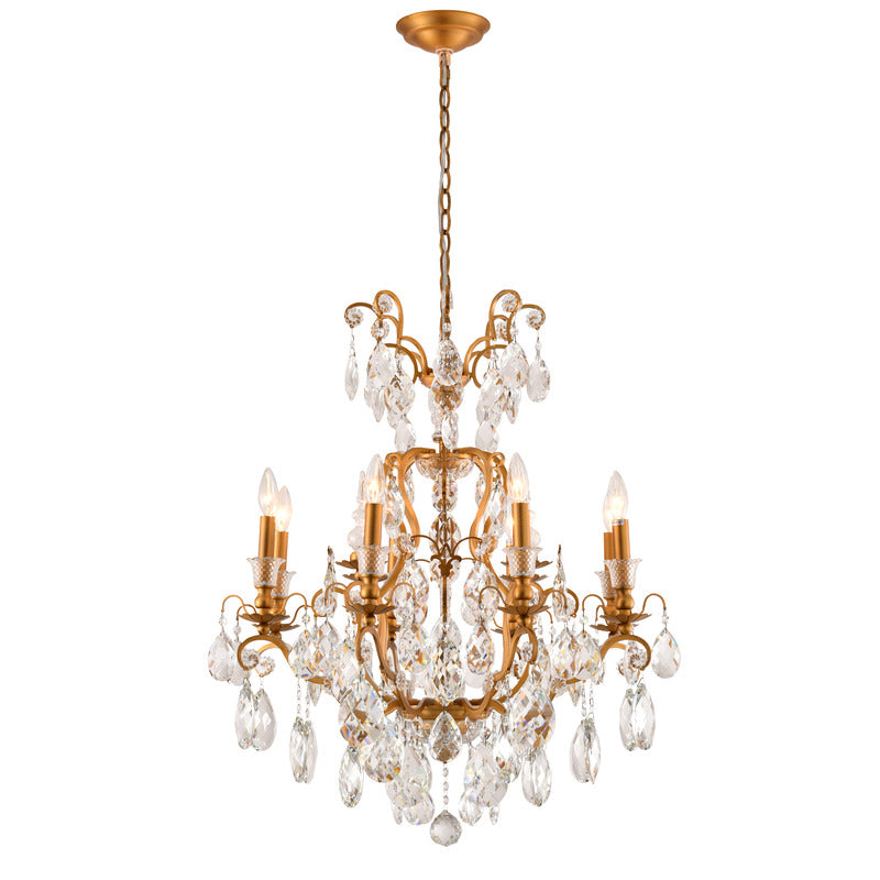 Iron Frame Chandelier with Clear Hanging Crystals in Brass by Bethel