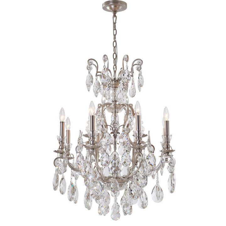 Iron Frame Chandelier with Clear Hanging Crystals in Pewter by Bethel