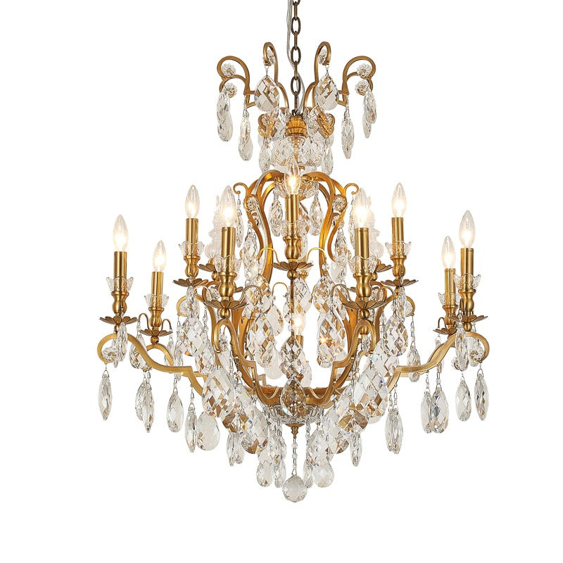 Metal Frame Chandelier with Clear Hanging Crystals in Antique Brass by Bethel