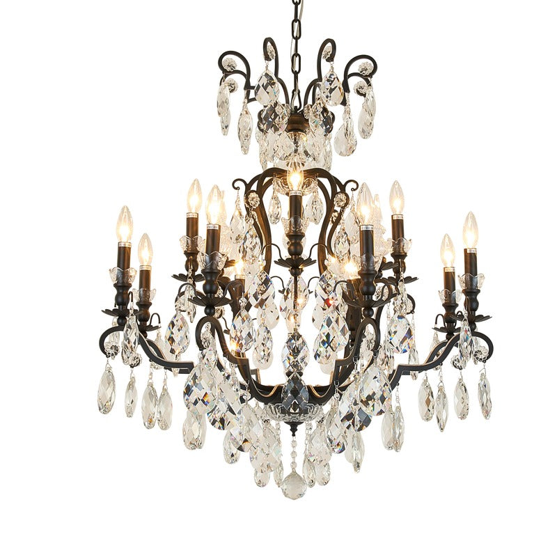 Metal Frame Chandelier with Clear Hanging Crystals in Matte Black by Bethel