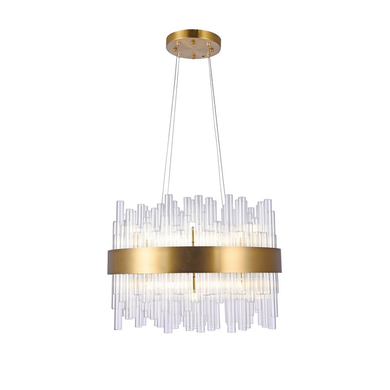 Round Matte Brass Metal Frame Chandelier with Clear Glass Rods by Bethel