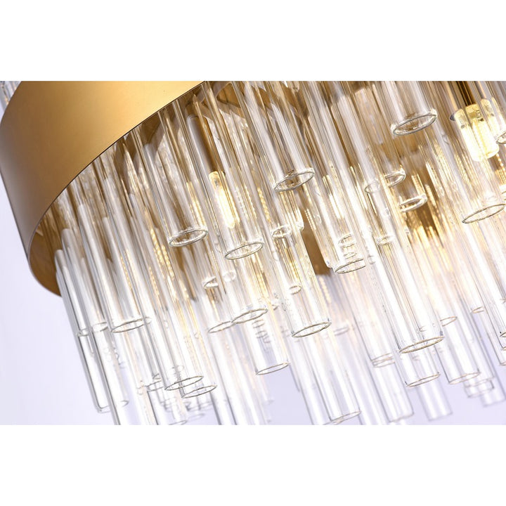 Round Matte Brass Metal Frame Chandelier with Clear Glass Rods by Bethel - view 2