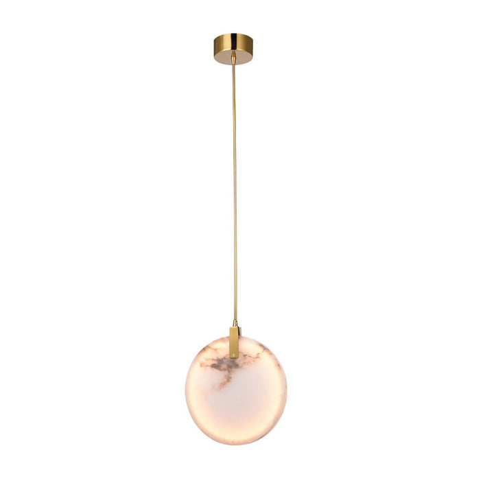 Stainless Steel LED Single Pendant Light with Round Spanish Alabaster in Gold by Bethel