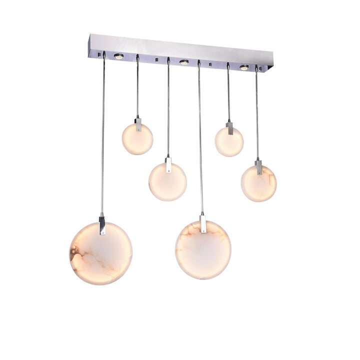 Stainless Steel Rectangular Frame LED Chandelier with Spanish Alabaster Pendants in Chrome by Bethel