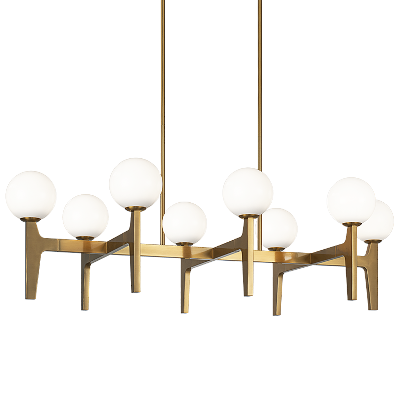 Scriben - Steel Frame with Opal Glass Globe Shade Linear Chandelier in Aged Gold Brass by Matteo Lighting
