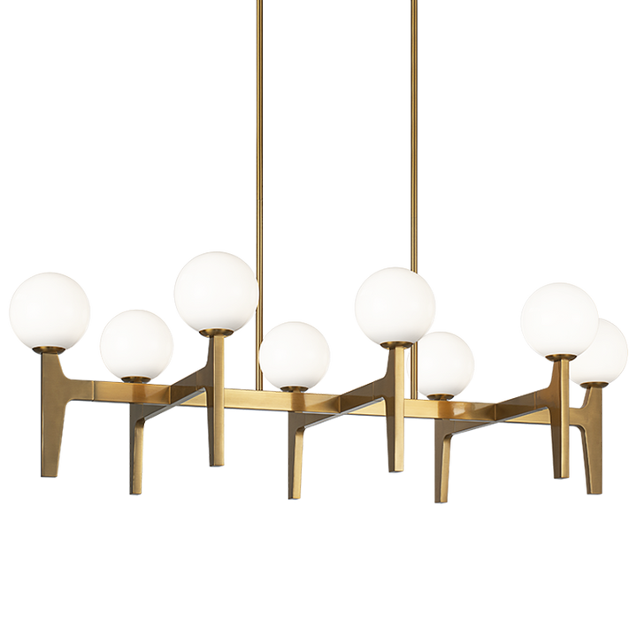 Scriben - Steel Frame with Opal Glass Globe Shade Linear Chandelier in Aged Gold Brass by Matteo Lighting
