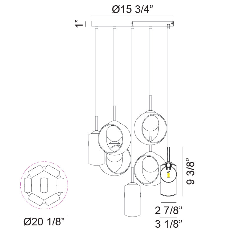 Steel Frame with Opal Glass Globe and Glass Ring Shade Chandelier / Pendant