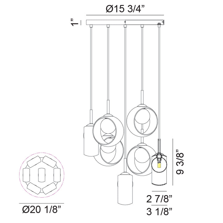 Steel Frame with Opal Glass Globe and Glass Ring Shade Chandelier / Pendant