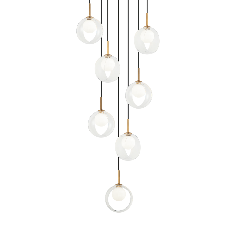 Steel Frame with Opal Glass Globe and Glass Ring Shade Chandelier / Pendant