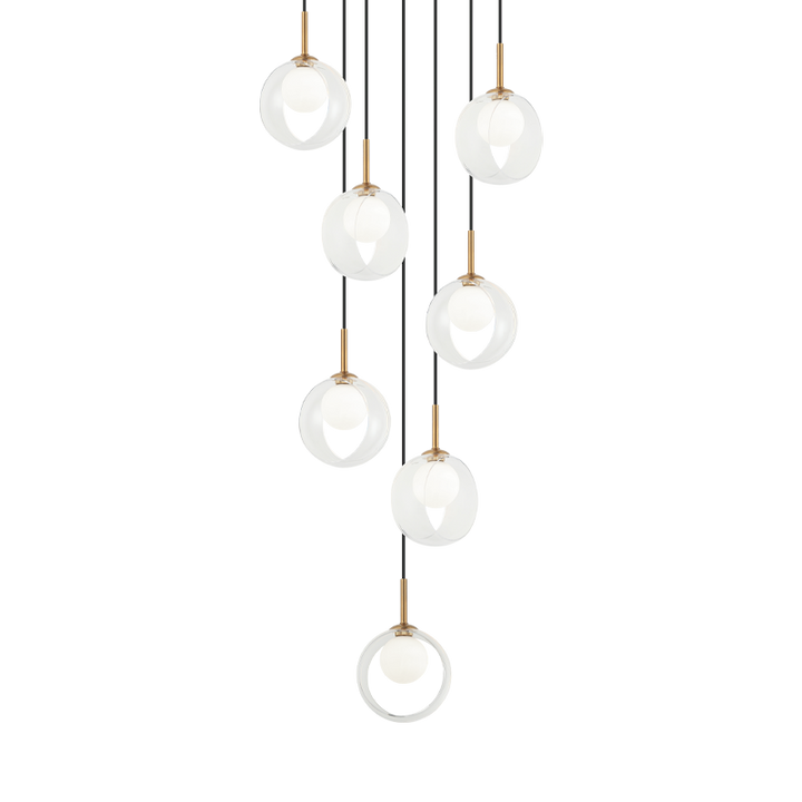 Steel Frame with Opal Glass Globe and Glass Ring Shade Chandelier / Pendant