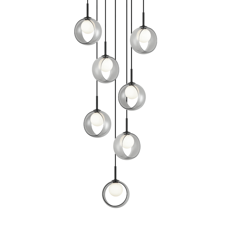 Steel Frame with Opal Glass Globe and Glass Ring Shade Chandelier / Pendant