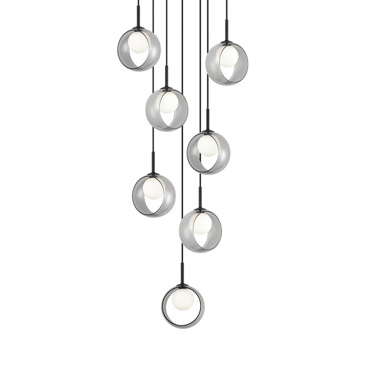 Steel Frame with Opal Glass Globe and Glass Ring Shade Chandelier / Pendant