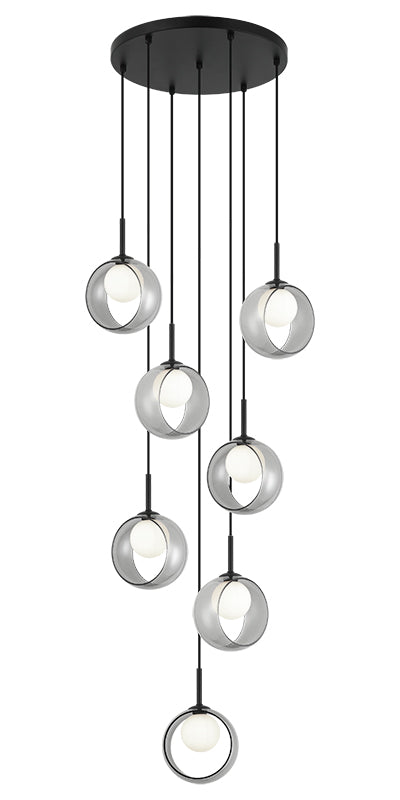 Steel Frame with Opal Glass Globe and Glass Ring Shade Chandelier / Pendant