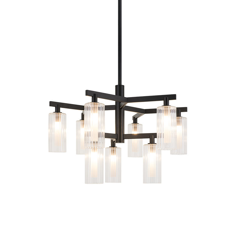 Steel Frame with Clear Ribbed Glass Shade Chandelier