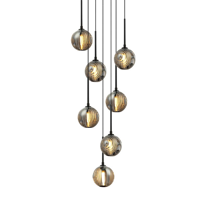 Steel Frame with Circular Frosted Groove Glass Globe Multiple Pendant
