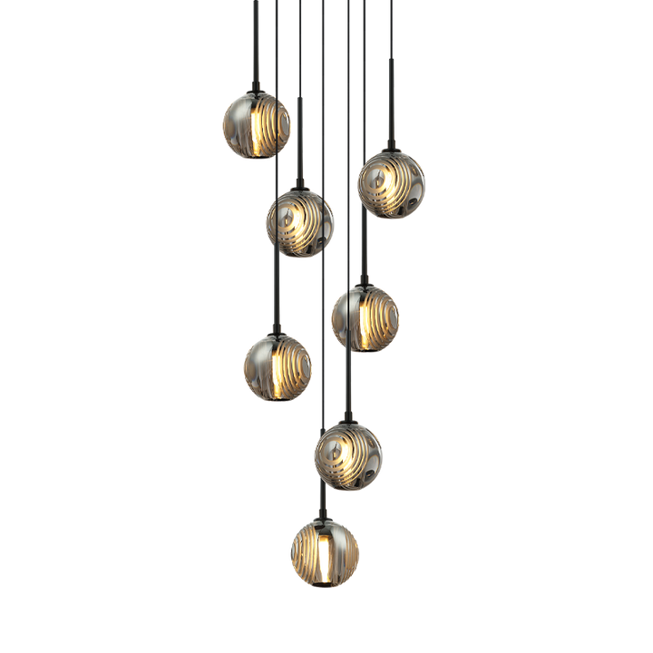 Steel Frame with Circular Frosted Groove Glass Globe Multiple Pendant