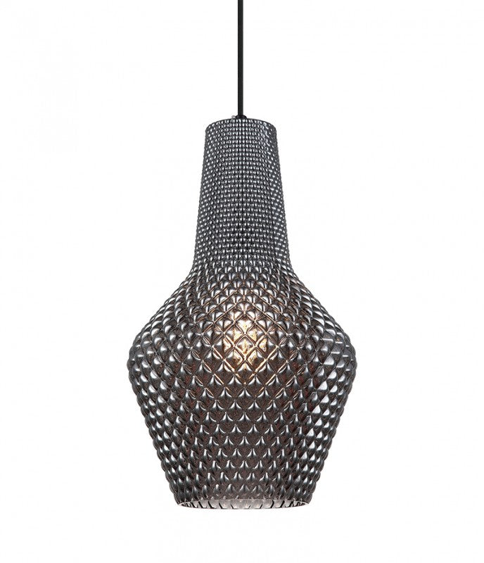 Black Steel Frame with Quilted Gem Glass Shade Pendant in Smoked Glass by Matteo Lighting