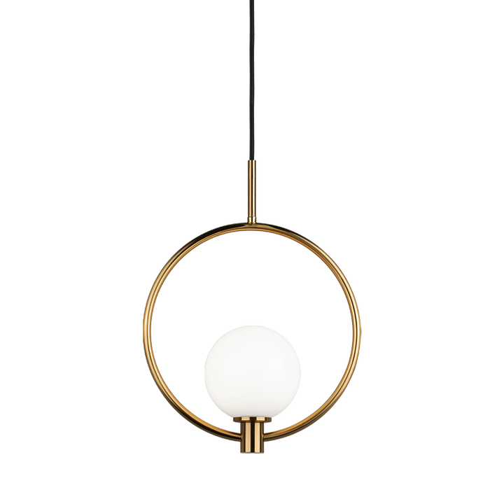 Averley - Steel Ring Frame with Opal Glass Globe Shade Adjustable Pendant in Aged Gold Brass by Matteo Lighting