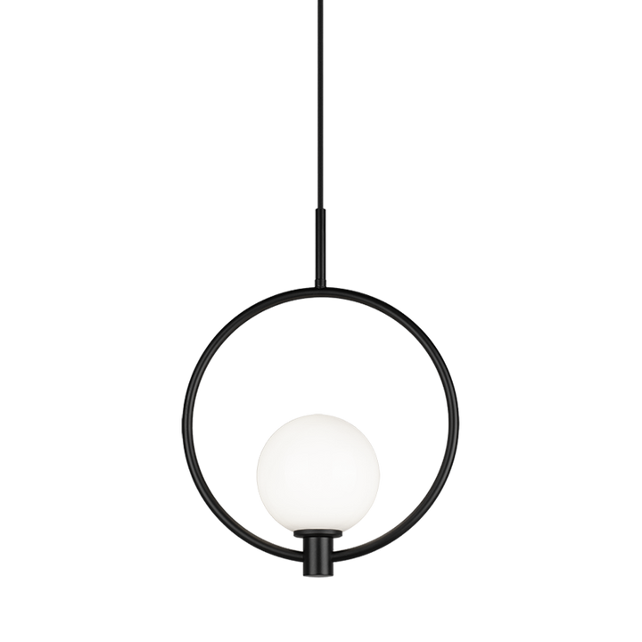 Averley - Steel Ring Frame with Opal Glass Globe Shade Adjustable Pendant in Black by Matteo Lighting