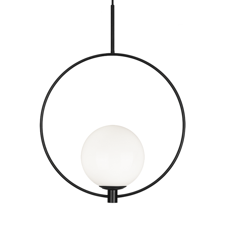 Averley - Steel Ring Frame with Opal Glass Globe Shade Adjustable Pendant in Black by Matteo Lighting
