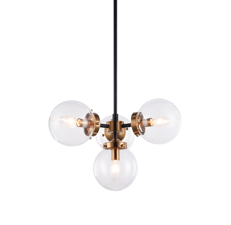 Steel Frame with Glass Globe Chandelier in Black and Aged Gold Brass with Clear Glass by Matteo Lighting