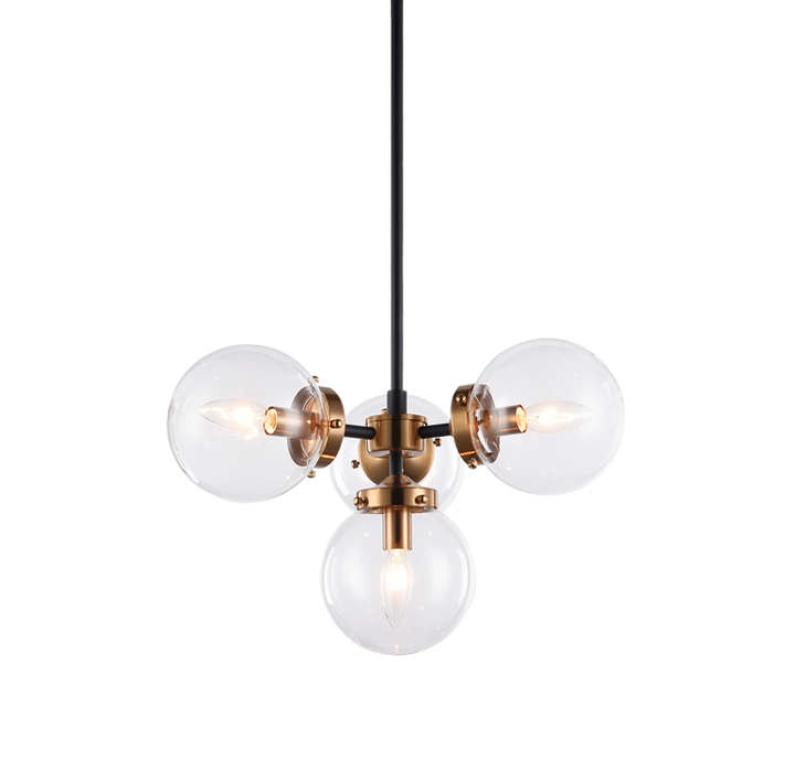Steel Frame with Glass Globe Chandelier in Black and Aged Gold Brass with Clear Glass by Matteo Lighting