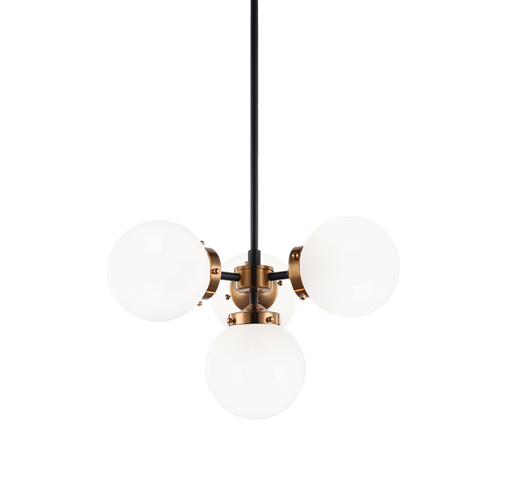 Steel Frame with Glass Globe Chandelier in Black and Aged Gold Brass with Opal Glass by Matteo Lighting