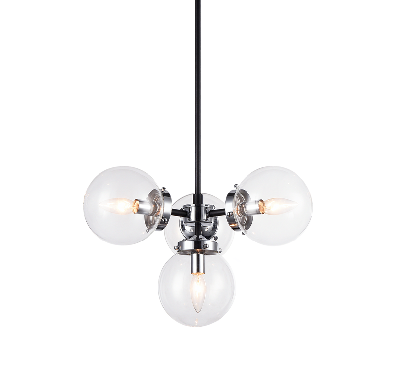 Steel Frame with Glass Globe Chandelier in Black and Chrome with Clear Glass by Matteo Lighting