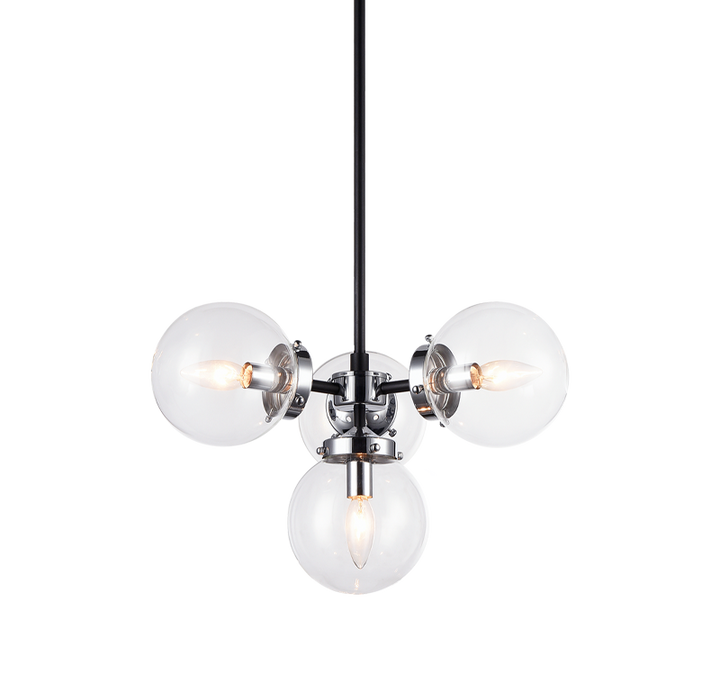 Steel Frame with Glass Globe Chandelier in Black and Chrome with Clear Glass by Matteo Lighting