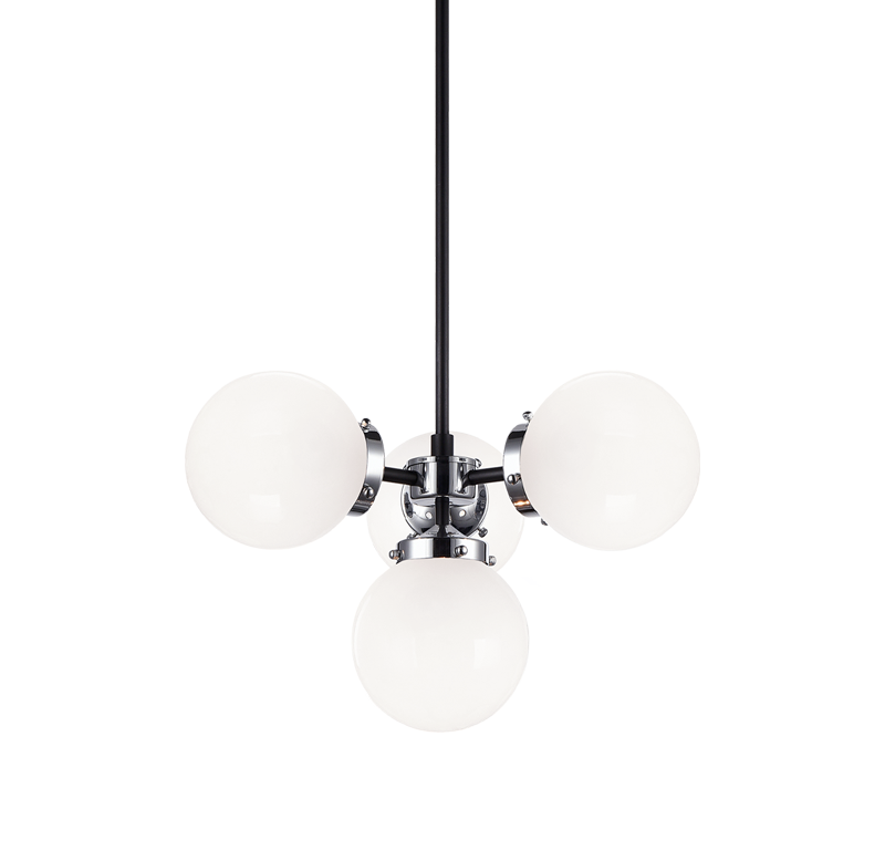 Steel Frame with Glass Globe Chandelier in Black and Chrome with Opal Glass by Matteo Lighting